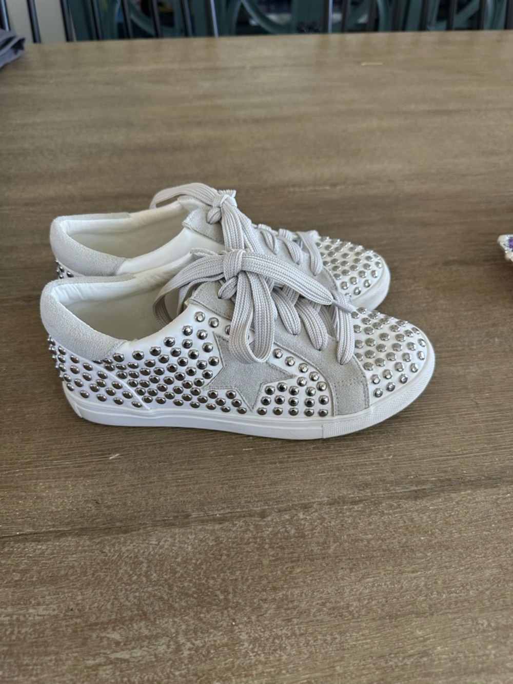 Women's White Studded Lace-Up Sneakers with Star Accent